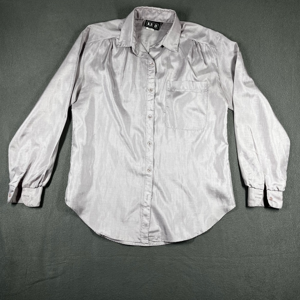 Vintage KE II Studio 54 Disco Shirt Women's‎ M Silver Satin Sheen Blouse